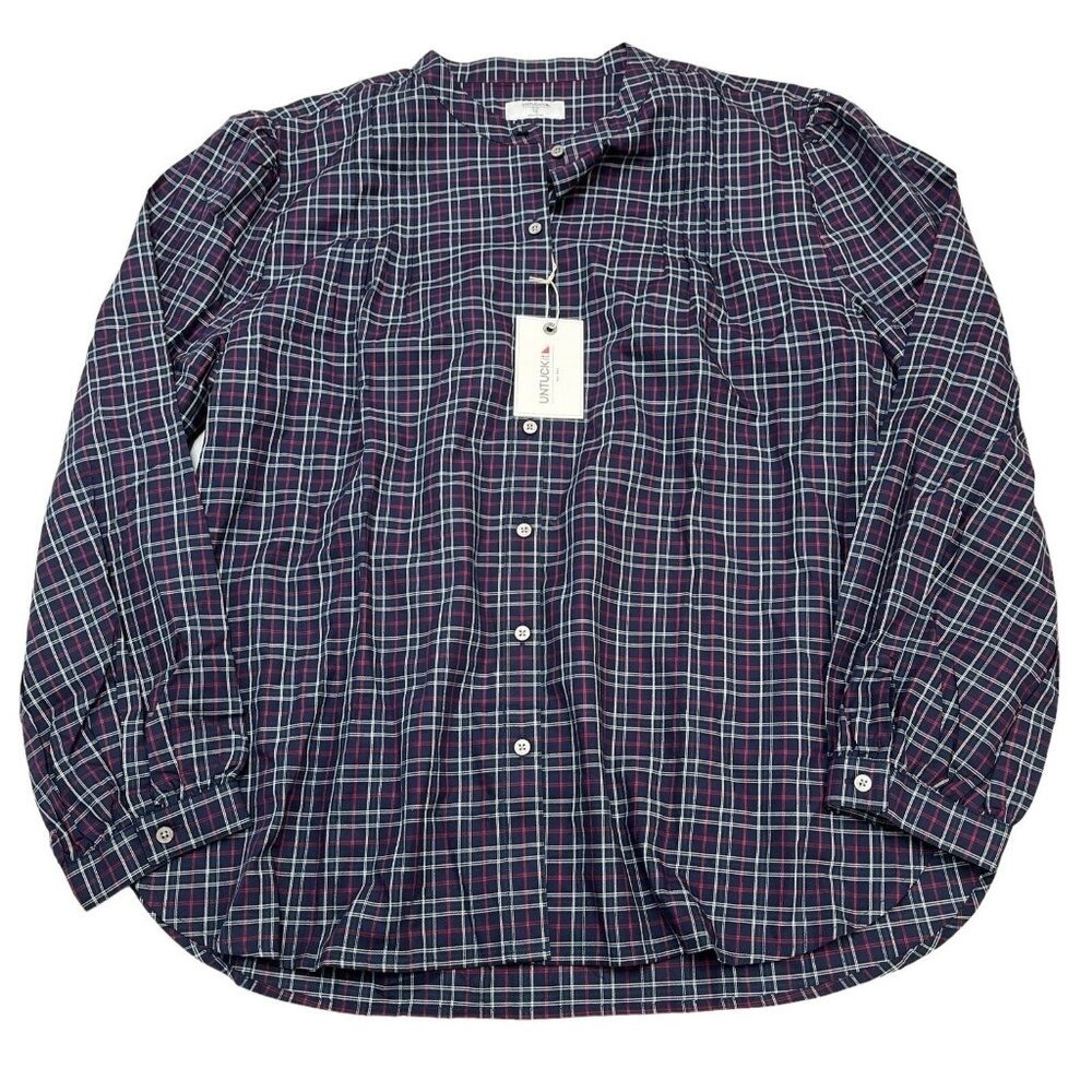 Untuckit Tara Top Womens 16 Blue Plaid Mock‎ Collar Button Down Shirt Size 16